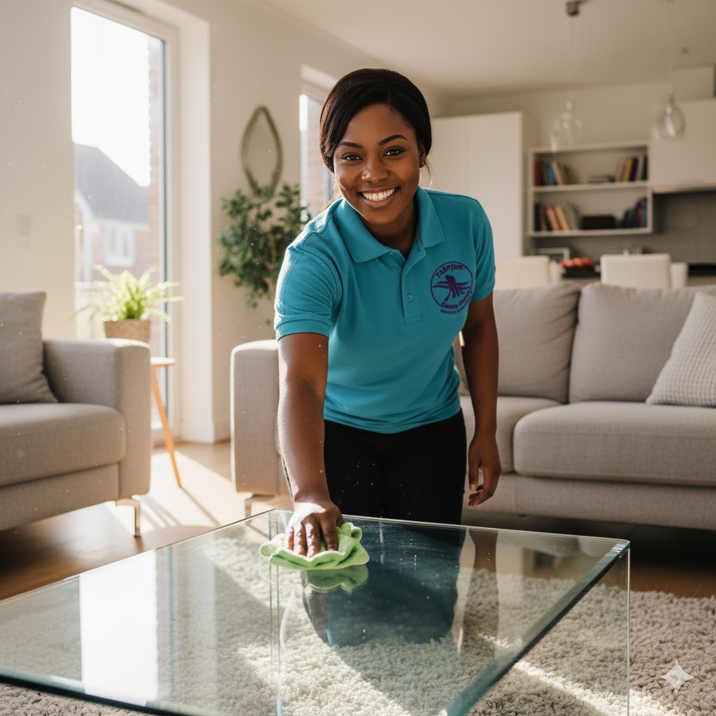 A happy lady from Fabojen Cleaning Company Cleaning in Nairobi with a smile
